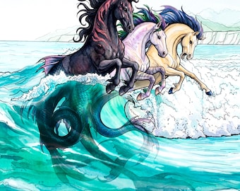 Hippocampus Watercolor Print, Mythical Sea Horse Wall Art, Greek Mythology Coastal Decor