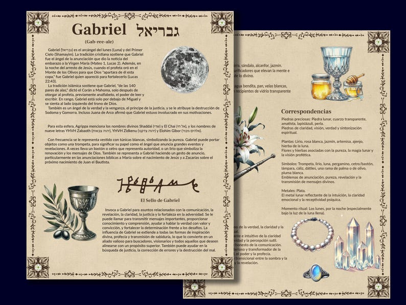 May include: A vintage-style illustration of the angel Gabriel, with text in both English and Hebrew. The image features a detailed depiction of Gabriel, along with symbols associated with him, such as a chalice, a lily, and a moon.