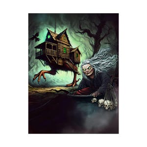 Gothic Baba Yaga Art Print, Spooky Slavic Folklore Art, Halloween Witch Decor, Creepy Forest Painting, Mythology Wall Art