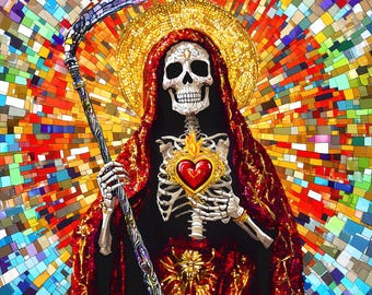 Santa Muerte Art Print, Red Robe Santa Muerte Sacred Heart Mosaic Artwork, Folk Saint Wall Decor, Devotional Gothic Spiritual Art