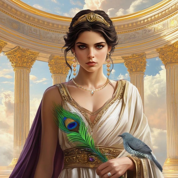 女神ヘラのアートプリント：ギリシャ神話、孔雀の羽、寺院の装飾