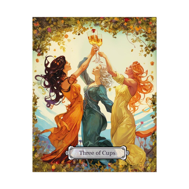 three-of-cups-tarot-art-print-joyful-witchy-wall-decor-etsy