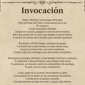 May include: A vintage-style image with a decorative border and a text-based invocation to the archangel Michael. The text is in Spanish and includes phrases like "Gran pr&iacute;ncipe del Cielo" and "Como sacerdote celestial".