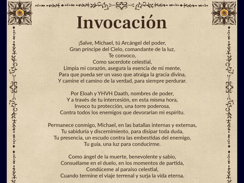May include: A vintage-style image with a decorative border and a text-based invocation to the archangel Michael. The text is in Spanish and includes phrases like "Gran pr&iacute;ncipe del Cielo" and "Como sacerdote celestial".