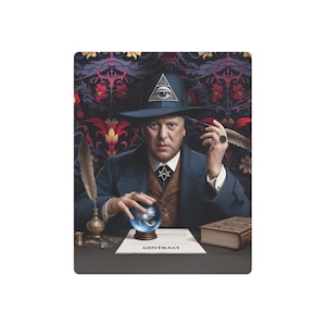 May include: A man wearing a dark blue suit and a hat with an all-seeing eye design holds a crystal ball in his hand. The background is a dark purple and red patterned wallpaper. The text "CONTRACT" is written on a piece of paper in front of him.