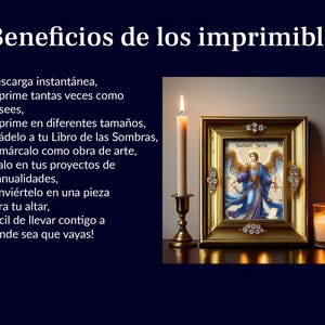 May include: A gold-framed printable with a picture of an angel with wings and a sword. The text "Sachiel" is visible in the image. The printable is surrounded by two lit candles.