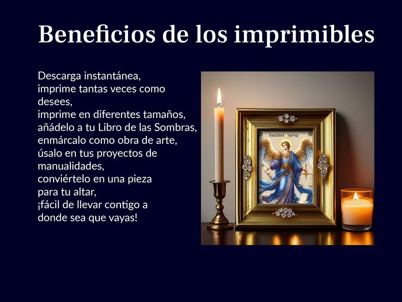 May include: A gold-framed printable with a picture of an angel with wings and a sword. The text "Sachiel" is visible in the image. The printable is surrounded by two lit candles.