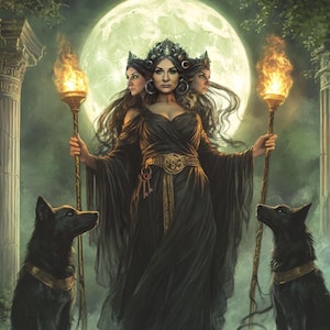 Hécate, la diosa lunar, impresión artística de una bruja mística, ilustración encantadora de la mitología griega.