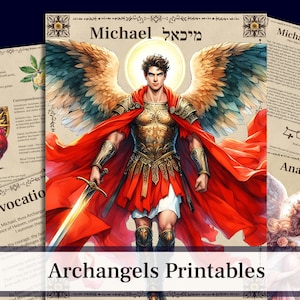May include: Printable art featuring a depiction of the Archangel Michael, a warrior angel with a sword, wearing red and gold armour. The image includes Hebrew text and the words "Archangels Printables".