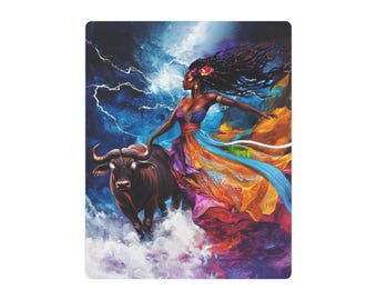 May include: A painting of a woman with long, dark hair wearing a colorful dress and riding a brown bull. The background is a stormy sky with lightning.