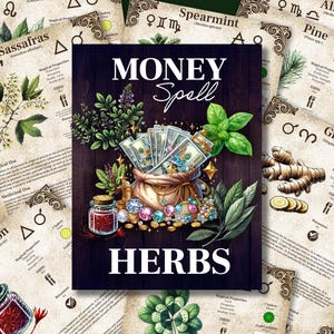 May include: A collage of vintage-style cards featuring herbs and their magical properties. The cards are arranged around a central image of a money spell with a bag of money, jewels, and herbs. The text "MONEY SPELL HERBS" is displayed in bold white letters on a dark wood background.