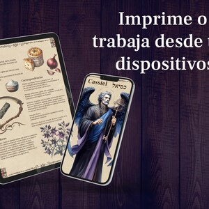 May include: Two digital devices, one displaying a page of text with the title "Offerings" and the other displaying a digital illustration of a winged figure with the name "Cassiel" in Hebrew and English. The text on the first device describes various offerings and their uses. The text on the second device is in a dark blue font. The background is a dark wood grain.