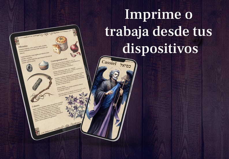 May include: Two digital devices, one displaying a page of text with the title "Offerings" and the other displaying a digital illustration of a winged figure with the name "Cassiel" in Hebrew and English. The text on the first device describes various offerings and their uses. The text on the second device is in a dark blue font. The background is a dark wood grain.