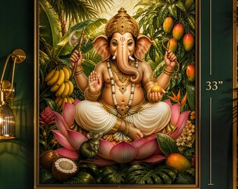 Ganesha Tropical Luxe Wall Art Print, Hindu God Botanical Jungle Decor, Lotus Elephant Deity Painting, Maximalist Spiritual Art
