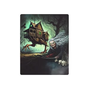 Metal Art Print, Gothic Baba Yaga Painting for Halloween Decor, Spooky Witch Wall Hanging, Supernatural Folklore Home Sign, Slavic Mythology