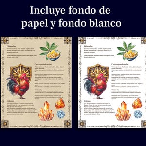 May include: Two printable cards with a rooster illustration, text in Spanish, and a list of correspondences. The cards have a white background and a paper background.