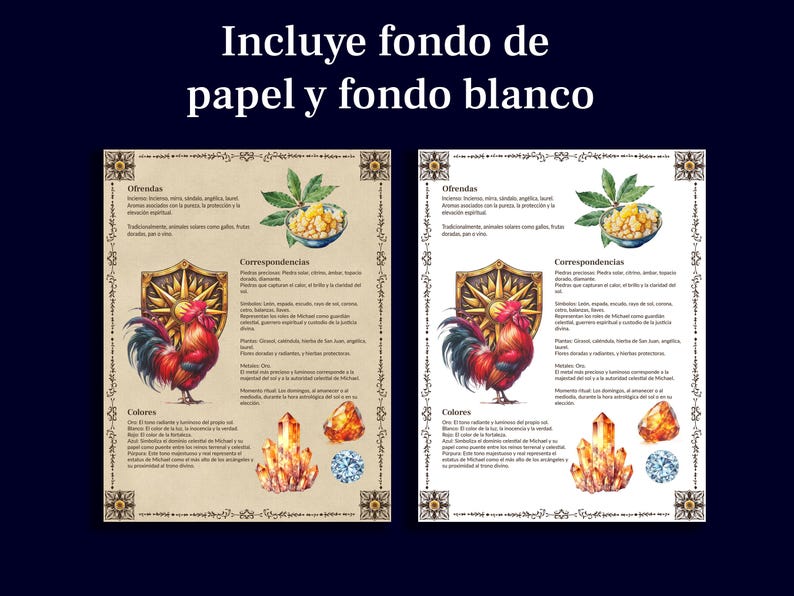 May include: Two printable cards with a rooster illustration, text in Spanish, and a list of correspondences. The cards have a white background and a paper background.