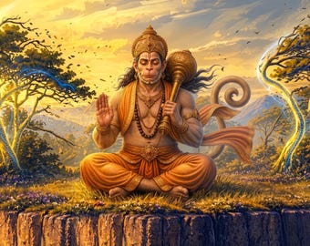 Hanuman Meditation Art Print, Hindu God Wall Art, Spiritual Decor, Yoga Room Art, Indian Mythology, Sunset Landscape, Calm Strength Wall Art