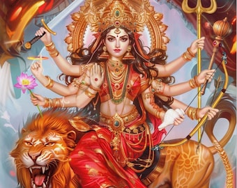 Divine Warrior: Goddess Durga Riding Her Celestial Lion Art Print