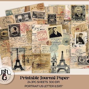 Diário de Viagem, Colagem Digital, Cartões Postais Vintage, Selos Postais, Carimbos Postais, 24 Folhas JPG, 300 DPI, Retrato, Carta dos EUA, Suprimentos para Scrapbooking