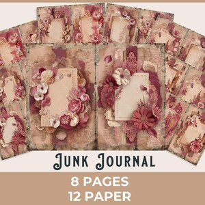 Pagina di diario con effimeri rosa antico e avorio - Stampabile per scrapbooking vintage, Clipart floreale in pizzo, collage di carta antica nostalgica