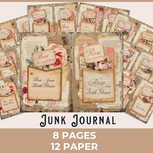 Página de diario basura con flores de nacimiento de junio, efímera floral vintage imprimible, collage victoriano romántico, papel para cartas de amor con reliquias, 300 DPI