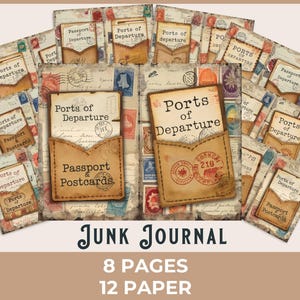 Sellos y postales para pasaporte, página de diario basura, efímeras de viaje vintage imprimibles, collage de folios de pasaporte falsos, papel de correspondencia nostálgico