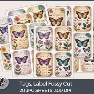 Butterfly Ephemera Tags: Vintage Printable Labels for Junk Journals (Digital Download)