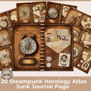 Peut inclure: Ensemble de pages de journal de rebut de style vintage sur le thème de l'horlogerie steampunk. Les pages présentent des horloges, des engrenages et des éphémères antiques dans des tons bruns et sépia. Le texte sur les pages indique "20 Steampunk Horology Atlas Junk Journal Page."