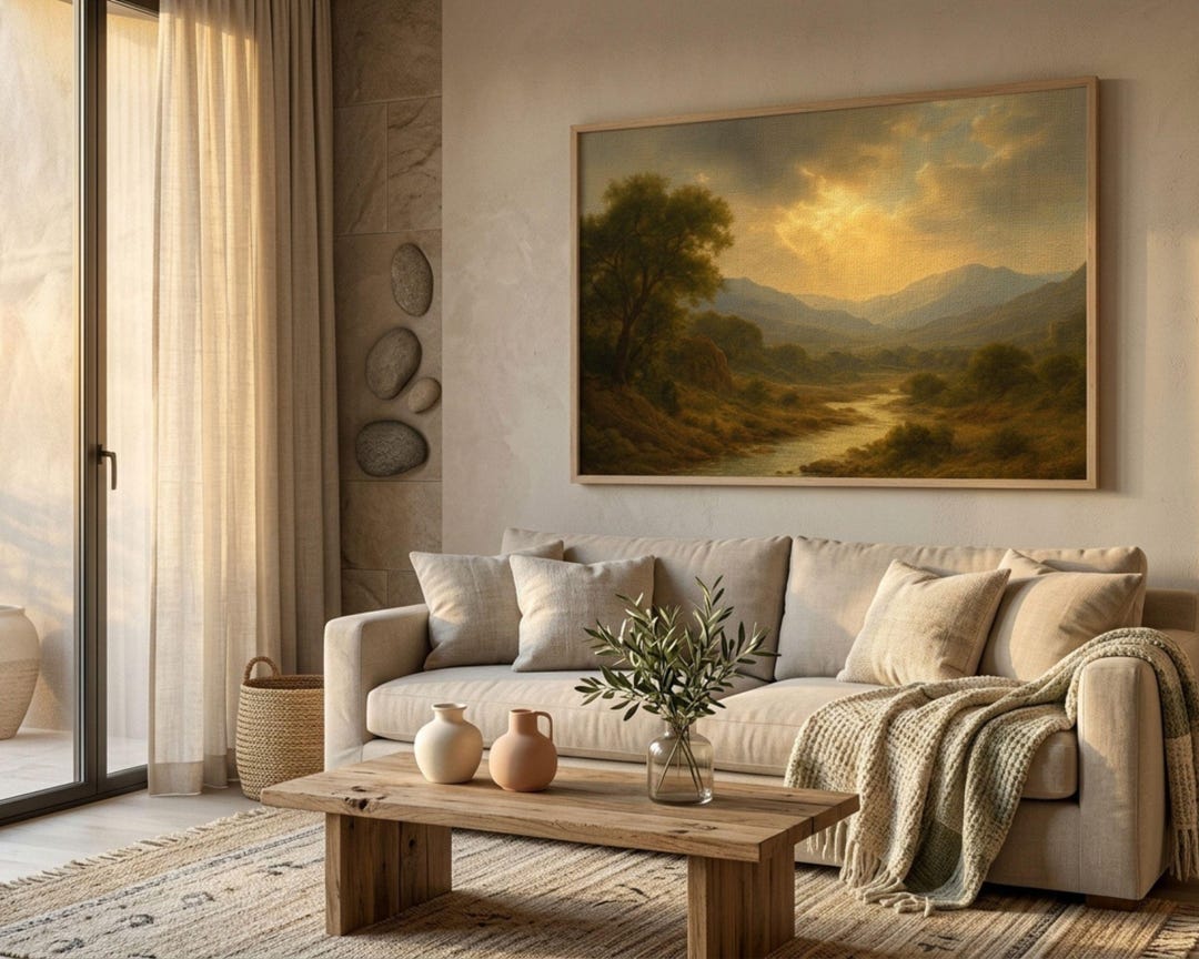 River Valley Wall Art | Romantic Landscape Oil Painting Print | Golden ...