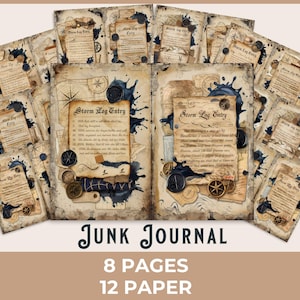 Página de diario basura caprichosa de Storm Log: imprimible náutico steampunk, efímera marítima vintage, papel desgastado para bitácora de capitán de barco