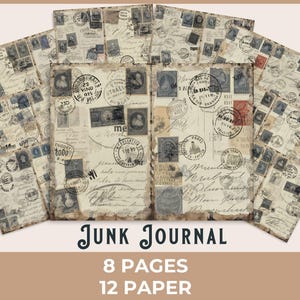 Page vintage pour cartes postales avec collage - Imprimable monochrome avec éphémères, papier pour correspondance ancien, vieux timbres et clipart cachet de la poste