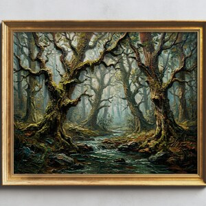 Ancient Woodland Wall Art Print | Vintage Oil Painting | Misty Forest Landscape | Impasto Canvas Texture | Printable Digital Download