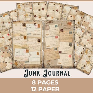 Wiktoriańska pocztówka na miesiąc miodowy Junk Journal Page, Romantyczna, zabytkowa, podróżnicza efemeryda do wydrukowania, Kolaż z księgi głównej poplamionej herbatą, Rustykalny stary pergamin
