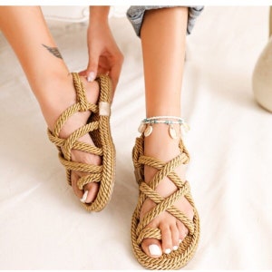 Women Sandals Braided Rope Slip On Flats Casual Beach Summer Shoes Slippers