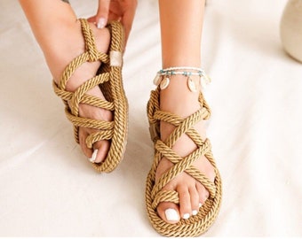 Women Sandals Braided Rope Slip On Flats Casual Beach Summer Shoes Slippers