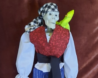 Pirate Skeleton Doll with Green Parrot on Shoulder, Handmade Doll Clothes, Fabric Art, Unique Gift for All Ages, Wall Decor, 16 Inches Tall