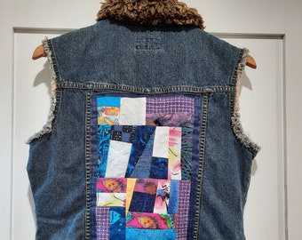 Upcycled Blue Denim Women's Medium Size Furred Vest with Fabric Art Patch, Wearable Fabric Art, Handwoven Strips, Eco-friendly, Lovely Gift