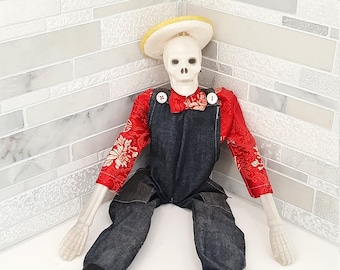 Muñeco de esqueleto de granjero: overol de mezclilla hecho a mano, decoración de Halloween