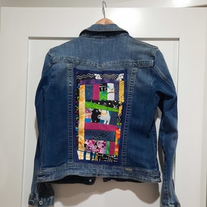 Upcycled Blue Denim Women&#39;s Jacket (Small) with Multicolor Cotton Fabric Art Patchwork Back Panel, Wearable Art, Eco-friendly, Lovely Gift