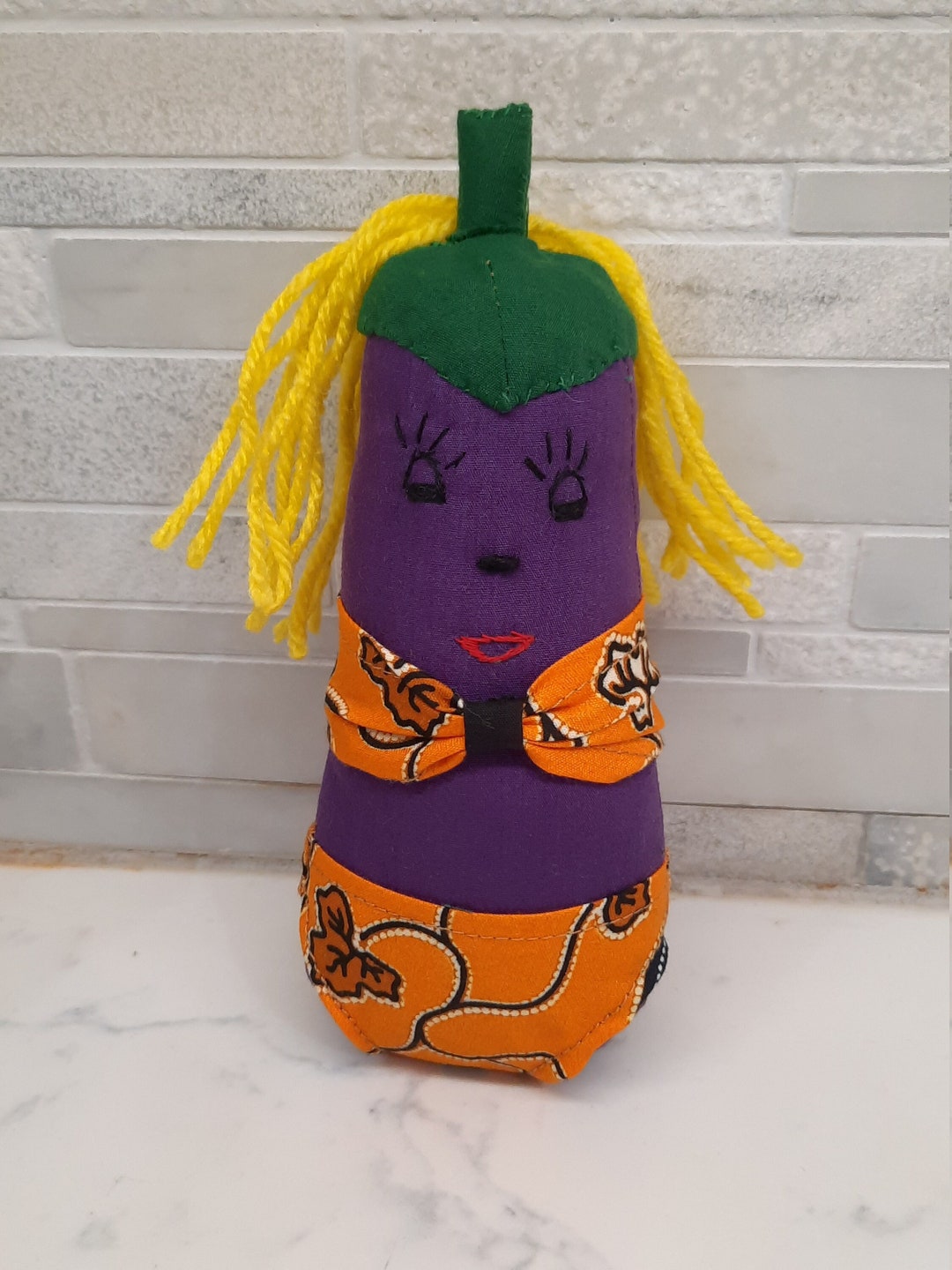 Handmade Eggplant Doll in Orange Bikini Unique Fabric Vegetable Doll