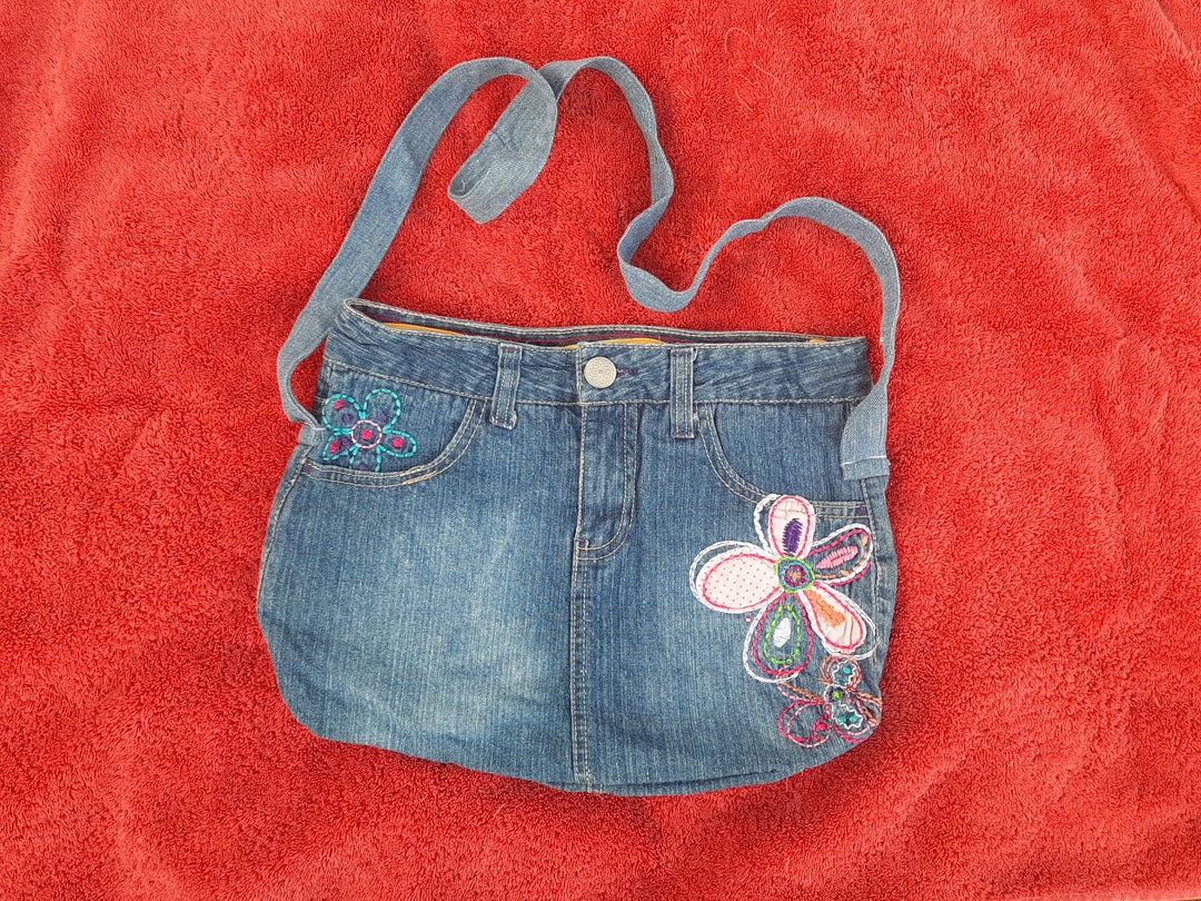 Upcycled Denim Blue Jeans Bag With Flower Embroidery, Jeans Purse