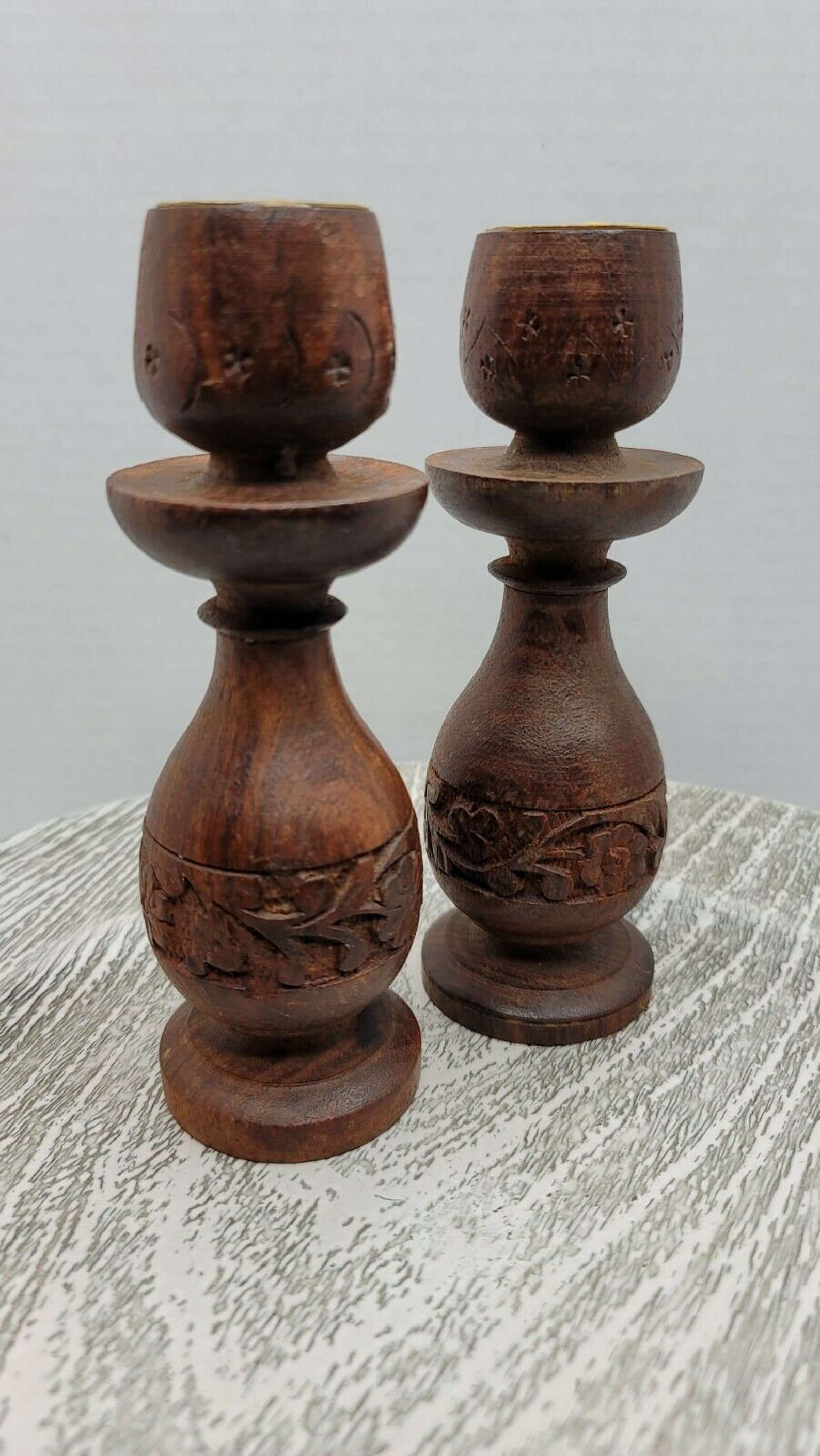 Vintage Wooden Hand Carved Pillar Candle Stick Holders Made In Etsy