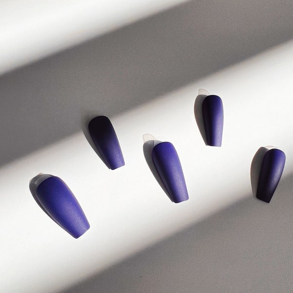 Matte Navy Blue Coffin Press On Nails | Press on Full Cover Nails Long | Artificial Nails Set | 24 Pieces Long Coffin Press On Nails