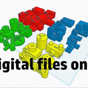 May include: A collection of 3D printed building blocks in various colors, including red, blue, green, and yellow. The blocks are arranged on a white surface with a grid pattern. The text "Digital files only" is visible in the lower left corner of the image.