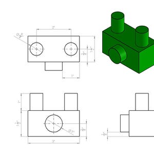 May include: A green plastic building block with two studs on top and a hole in the centre. The block is 5 cm long, 2.5 cm wide, and 2.5 cm high.