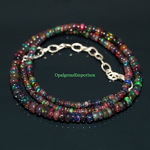 AAA+ Quality Natural Black Ethiopian Opal Necklace, Black Opal Smooth Rondelle Beads Necklace, Multi Fire Black Opal, Opal Necklace 17Inches