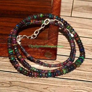 Top Quality Black Ethiopian Opal Necklace, Black Opal Beads Necklace, Rainbow Fire Black Opal, Gemstone Necklace, Opal Necklace 17 Inches