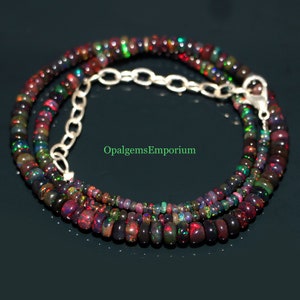 AAA+ Quality Natural Black Ethiopian Opal Necklace, Black Opal Smooth Rondelle Beads Necklace, Multi Fire Black Opal, Opal Necklace 17Inches