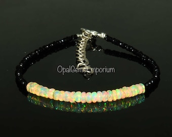 Äkta etiopisk opal- och svart spinellarmband, armband med eldopalpärlor, opalsmycken, armband med oktobers födelsesten, gåvosmycken